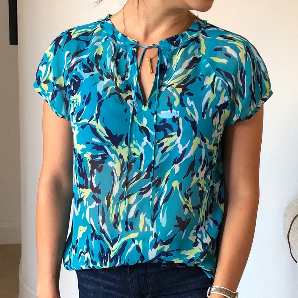 Liz Claiborne Short Sleeve Semi-Sheer Print Blouse